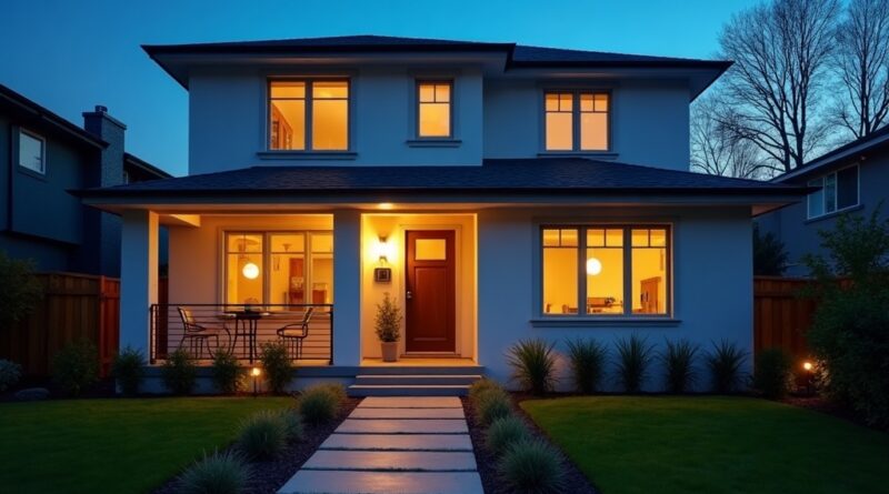 Modern suburban home at dusk with a video doorbell, eave-mounted security camera, and warm pathway lighting