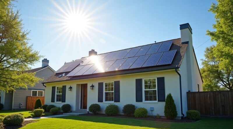 Home solar panels installed on a suburban rooftop in bright daylight