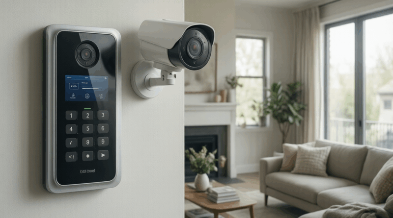 Modern home security system with control panel and camera